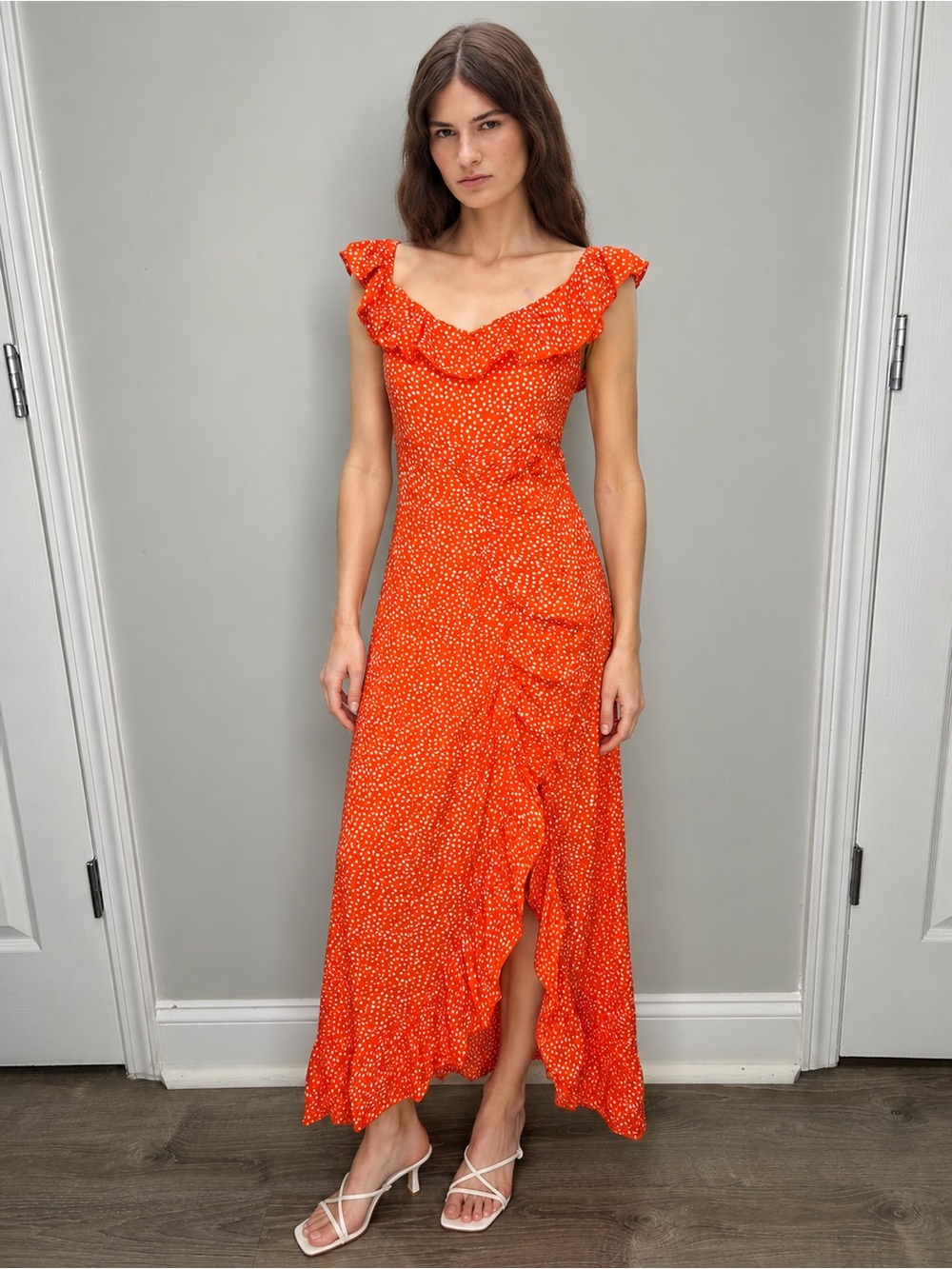 SBetro Orange White Polka Dot Ruffle Maxi Dress Size M Ruched Slit